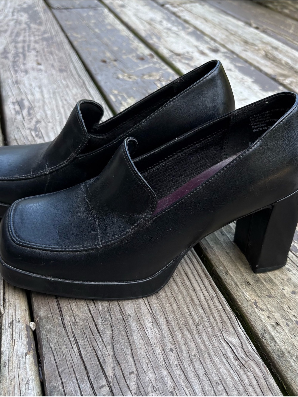 Black Leather High Lights Platform Block Heel Loafers - Women's size 7W